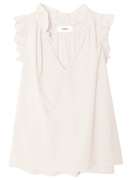 Xirena Bex Top white sleeveless blouse with ruffled shoulder detailing and a v-neckline in a feminine cut.