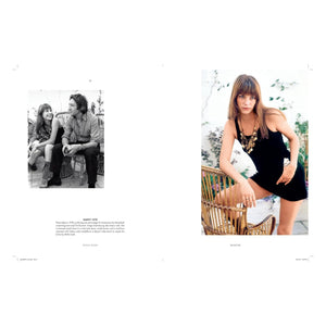 On the left is a black and white photo of a woman and man on steps; on the right, fashion photography from "Jane Birkin: Icon of Style" by Abrams shows Jane Birkin in a black dress as an enduring style icon.