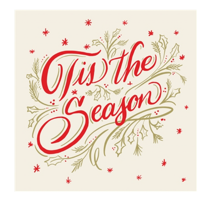 Cream-colored ’Tis the Season Napkin Collection napkins featuring red script text that reads “Tis the Season,” surrounded by illustrated gold holly leaves and red stars.