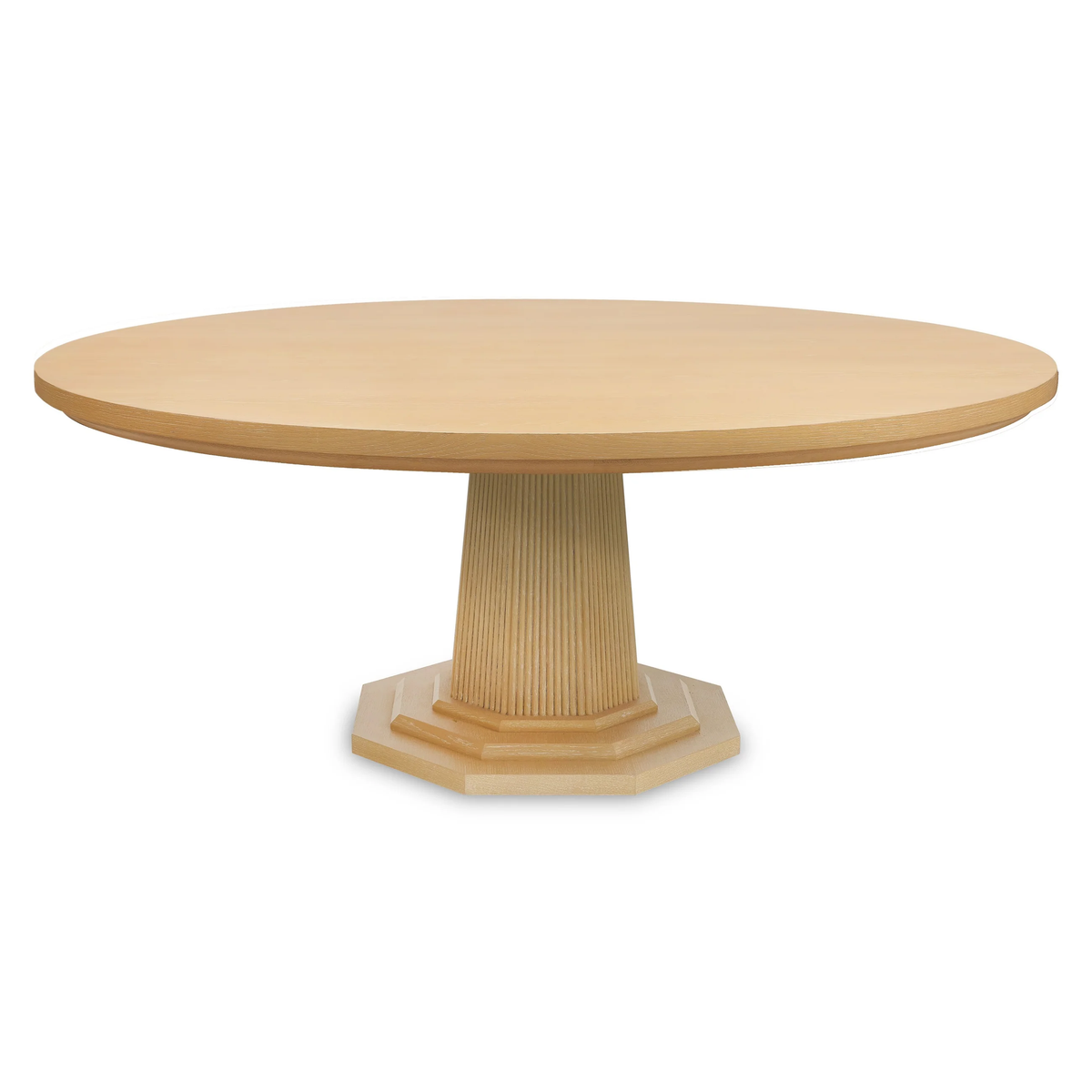 A round Haven Dining Table by Bunny Williams, crafted from light wood with a fluted pedestal base, is displayed against a plain white background.