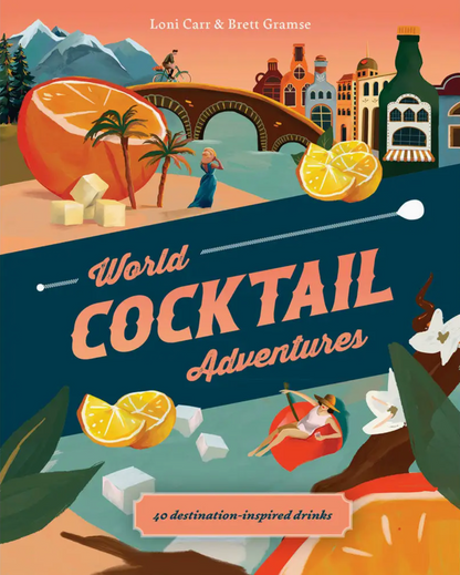 Featuring a vibrant, colorful cover adorned with tropical and city landmarks, fruit slices, and a woman relaxing in a cocktail glass, World Cocktail Adventures by Loni Carr & Brett Gramse is an exciting cocktail recipe book from Chronicle Books. This lively guide invites readers on a global journey, exploring cocktails inspired by destinations around the world.