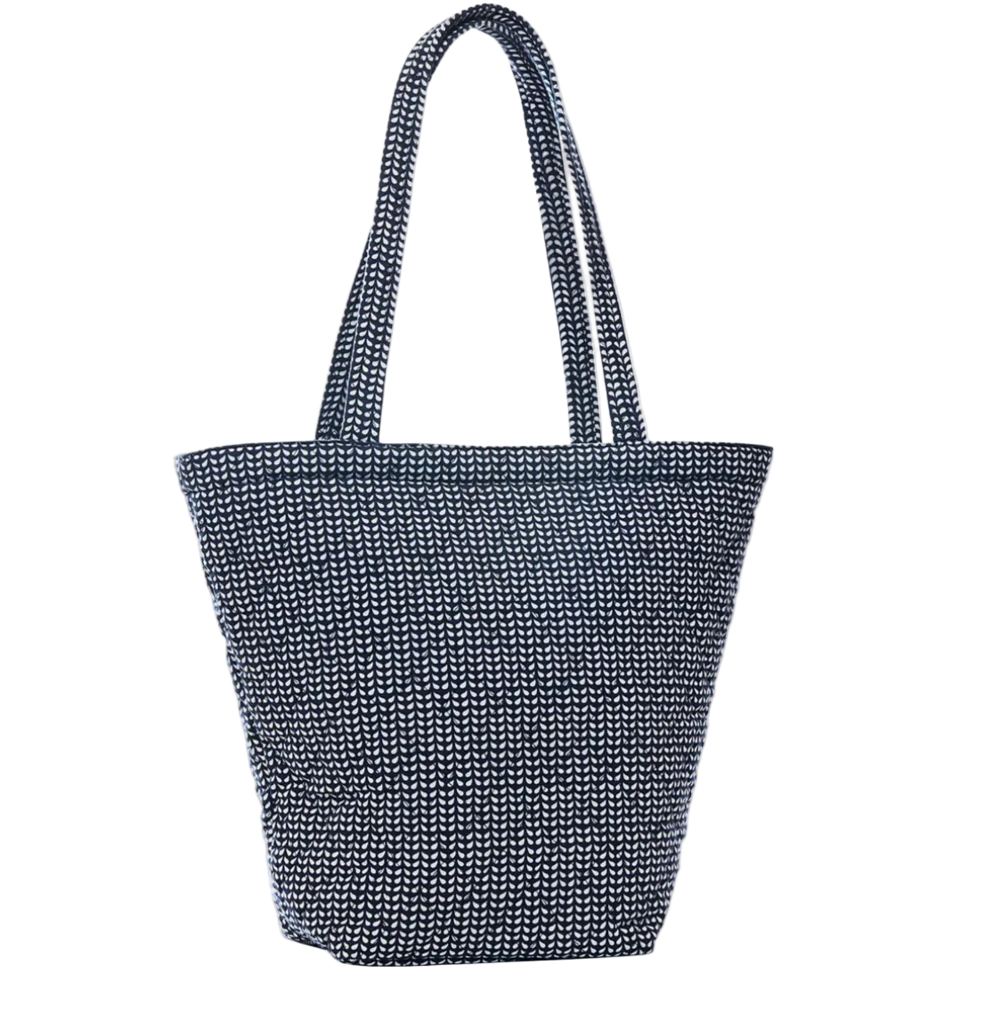 Cinde Indigo Quilted Bag, a quilted tote with a dark blue and white leaf pattern, shoulder straps, and a dedicated laptop compartment.