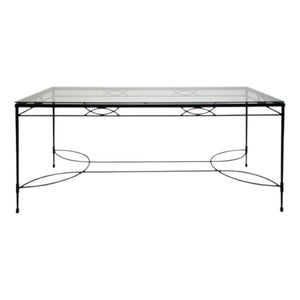 The Amalfi Glass Top Dining Table in Slate by Janus et Cie features a sleek glass top, black metal frame, and minimalist base design—an elegant addition to the Amalfi lounge and dining collection.