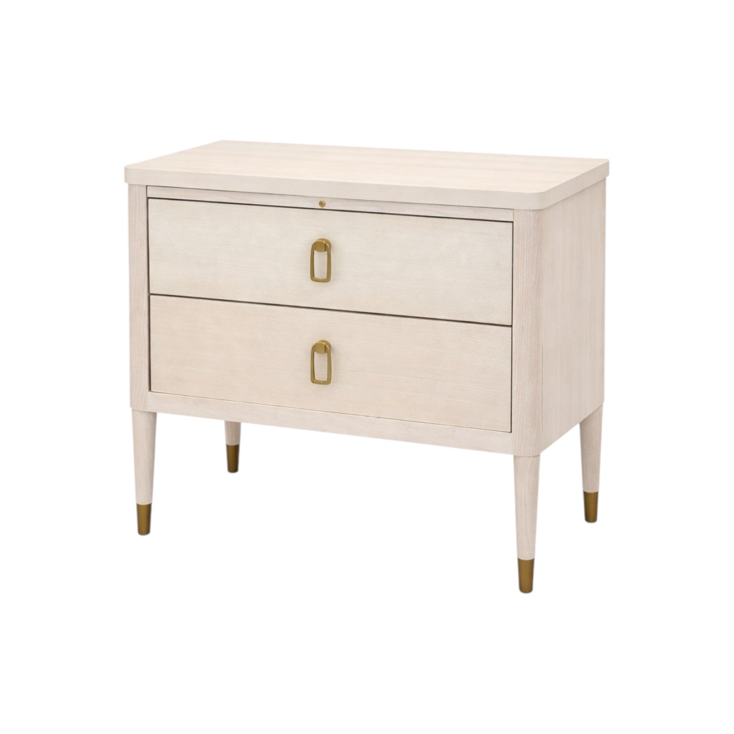 The Sydney Nightstand by Hickory Chair is a light wood dresser made from American Ash, with two drawers, gold handles, tapered legs, and gold feet accents, displayed against a white background.