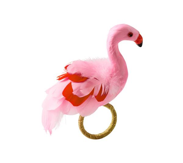 The Aruba Napkin Ring in Blush by Kim Seybert features a pink flamingo ornament with red accents on a gold ring, adding poolside glamour to any table.