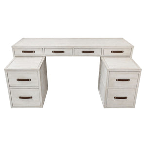 The Hickory Chair Harrison Four Drawer Writing Table features a white wood finish, four top drawers, and two pedestal bases with file cabinet-style drawers, all accented by dark handles.
