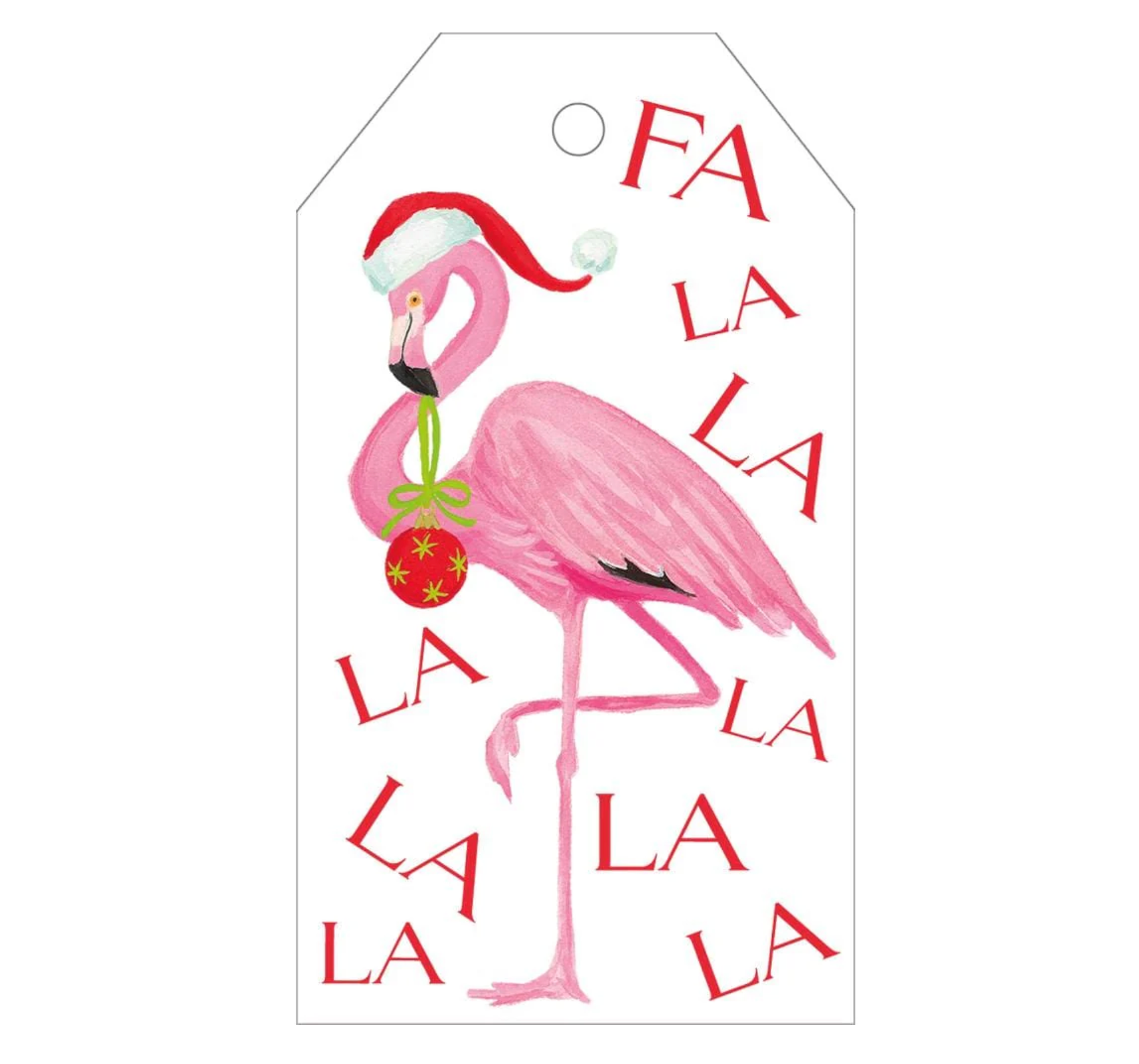 The Christmas Flamingo Gift Tag Set of 4 by Caspari features a pink flamingo in a Santa hat with "Fa La La La La" text—perfect decorative tags with gold hang cord for your holiday gifts.