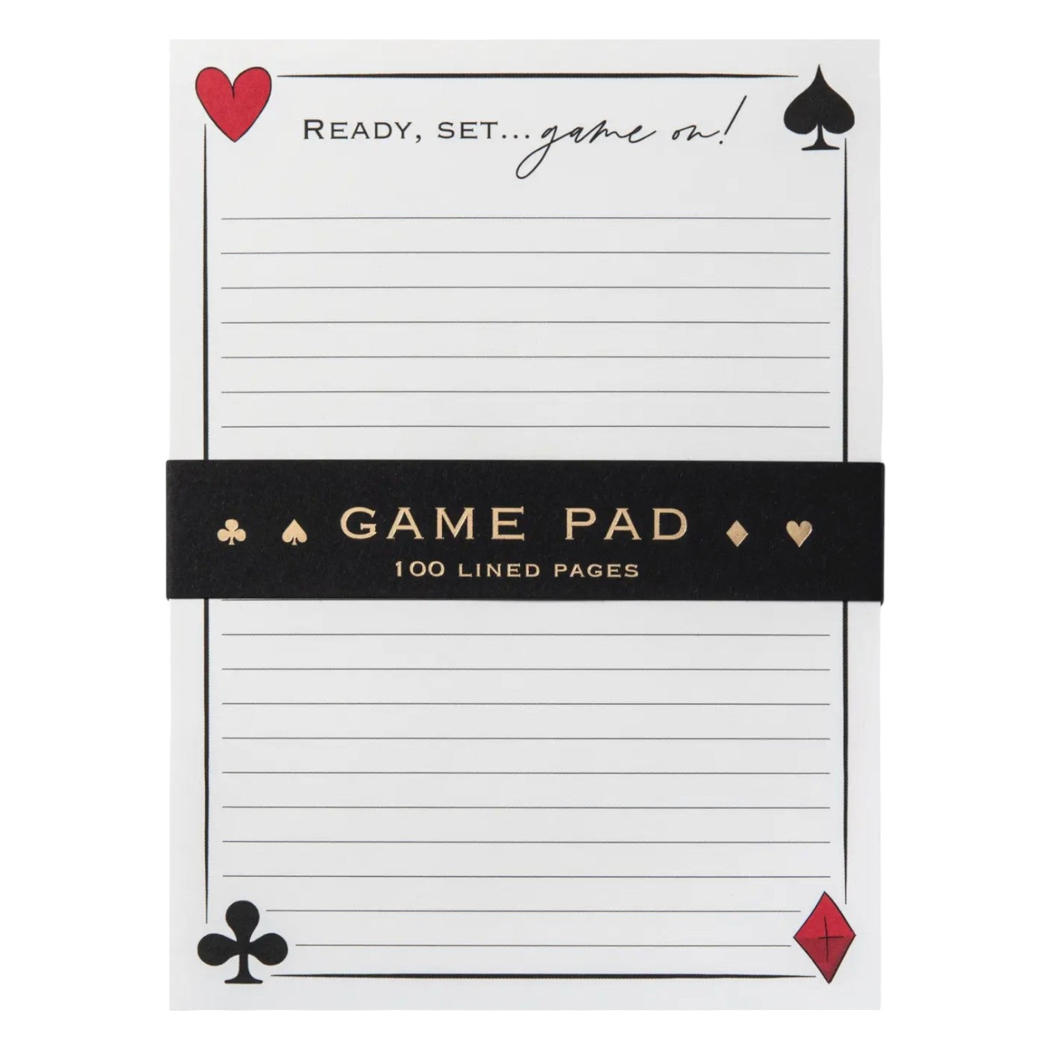 The Karen Adams Game On Notepad has playing card suit corners, lined pages, and "Ready, set...game on!" at the top. An ideal game night essential, it comes with a black band labeled "Game Pad 100 Lined Pages.