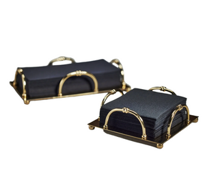 Two Zodax Alessia Gold Napkin Holders from Zodax, each holding a stack of black napkins, are displayed on a white background.
