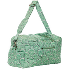 John Robshaw Divit Quilted Bag in light green with a dark teal fan pattern, an adjustable shoulder strap, and a dedicated laptop compartment.