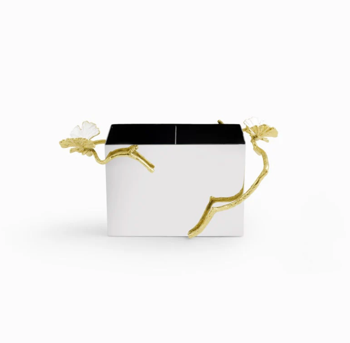 The Michael Aram Butterfly Gingko Gold Cutlery Holder is a rectangular white serveware piece with two compartments and decorative gold branch handles with leaf accents, inspired by the Butterfly Ginkgo sculpture.