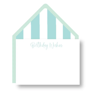 The Pool Birthday Wishes Note Set by Haute Papier features a white card with "Birthday Wishes" in light blue script and an envelope lined with blue and white vertical stripes—ideal for sending personalized birthday greetings.