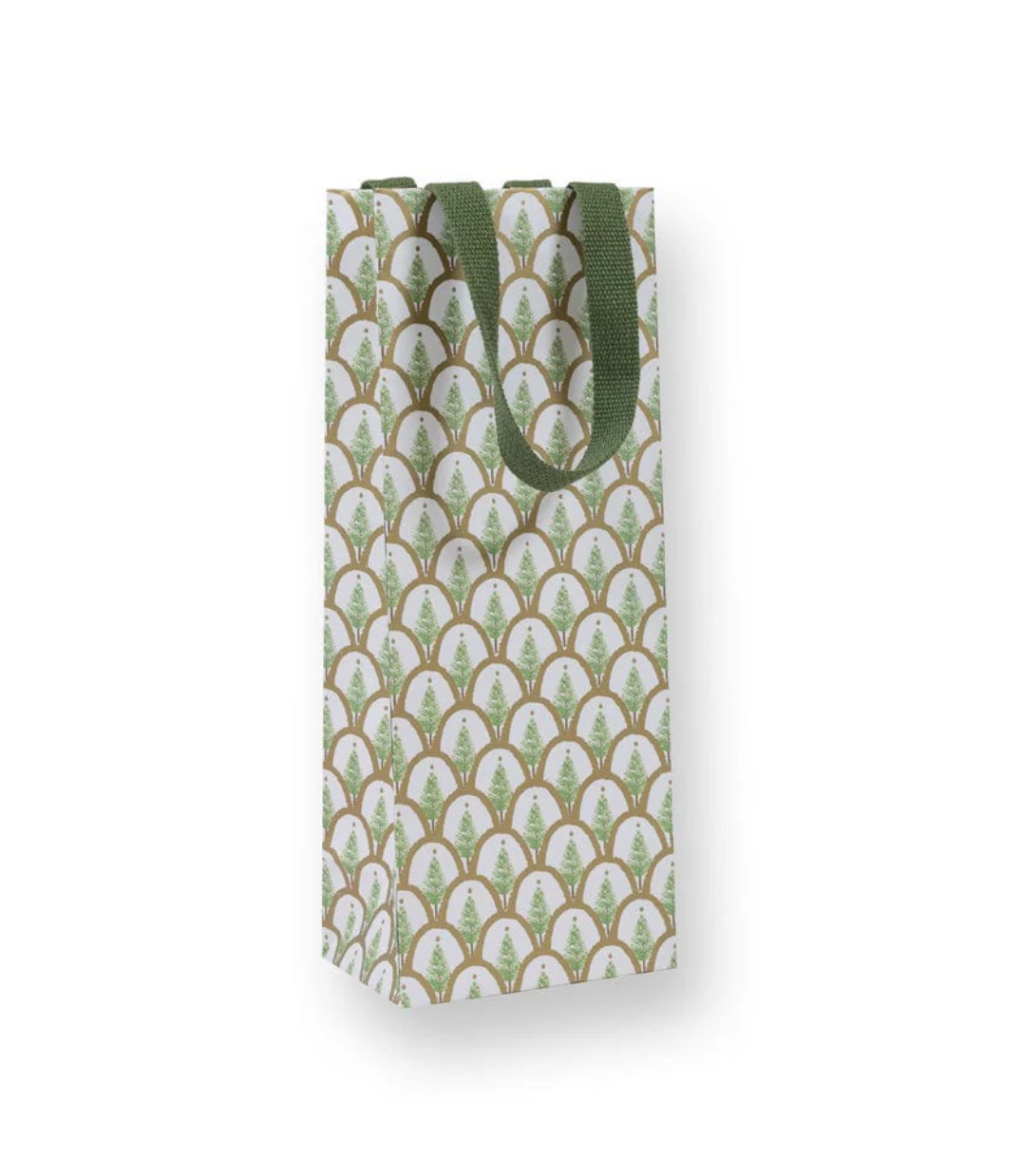 The Caspari Deco Christmas Gold Bottle Bag is a tall, durable paper gift bag with green handles and a white background, featuring a repeating green and gold arc pattern—perfect for festive gifting.