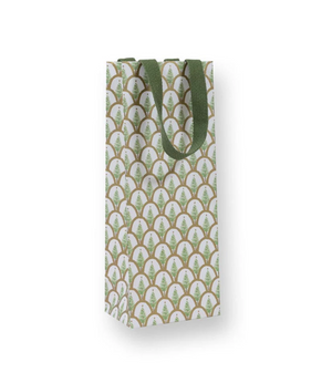 The Caspari Deco Christmas Gold Bottle Bag is a tall, durable paper gift bag with green handles and a white background, featuring a repeating green and gold arc pattern—perfect for festive gifting.