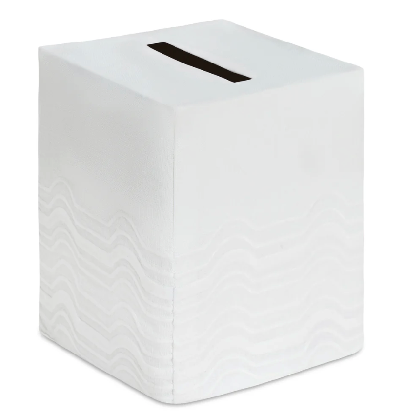 White square Mod Bath Collection tissue box cover in premium linen with a wave-patterned texture and a rectangular opening.