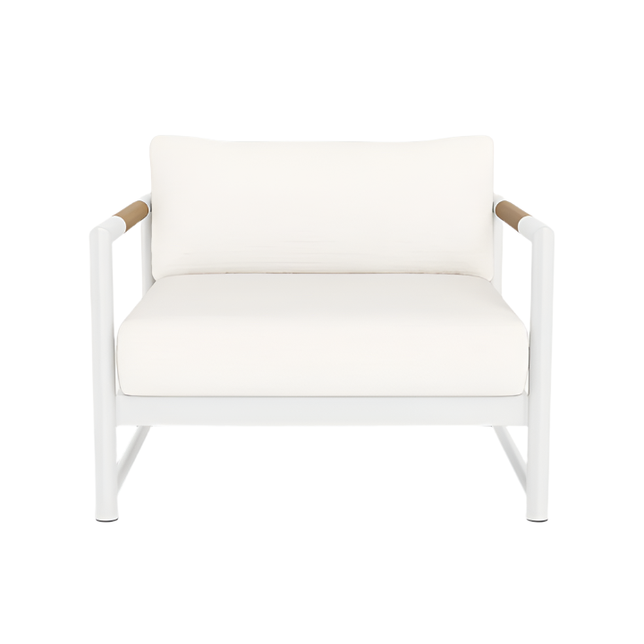 The HARBOUR OUTDOOR Breeze XL Lounge Chair in White Panama Blanco features a cushioned seat and backrest, sturdy aluminum frame, and solid teak armrest accents, shown against a white background.