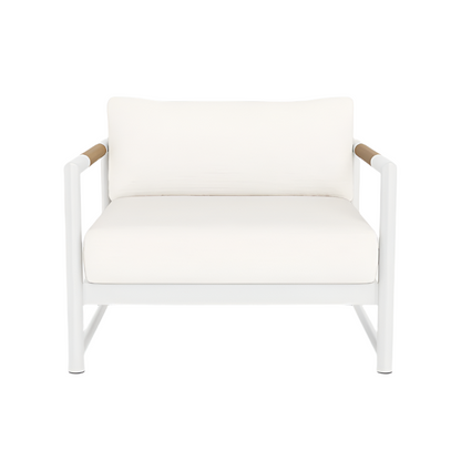 The HARBOUR OUTDOOR Breeze XL Lounge Chair in White Panama Blanco features a cushioned seat and backrest, sturdy aluminum frame, and solid teak armrest accents, shown against a white background.