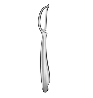 The Cuisinart Stainless Steel Peeler features a durable zinc alloy body, curved handle, and horizontal blade—an essential kitchen gadget shown isolated on a white background.