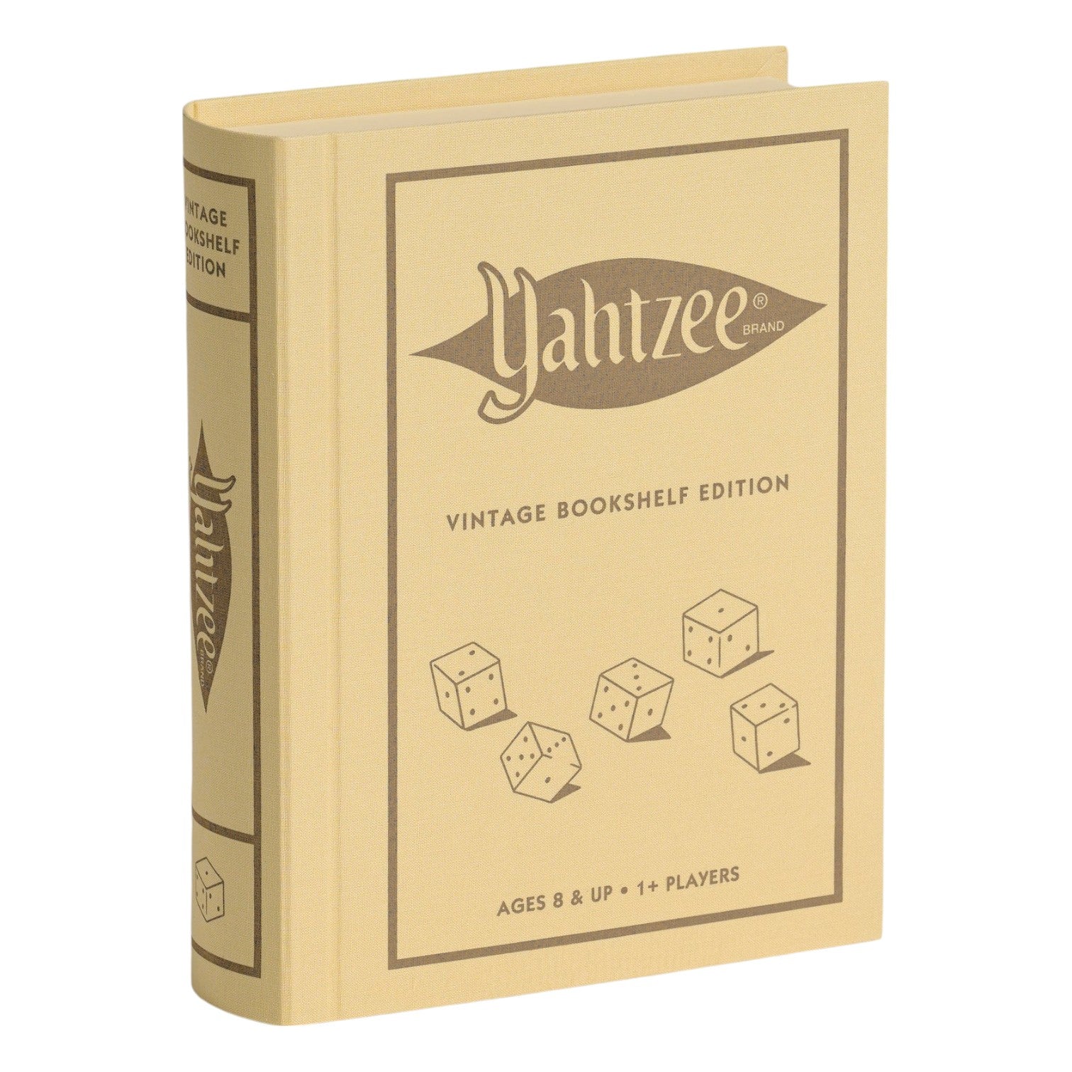 A beige, fabric-wrapped book from WS Game Company’s Vintage Bookshelf Board Games collection, designed to resemble a classic board game with dice artwork and labeled "Yahtzee Vintage Bookshelf Edition.