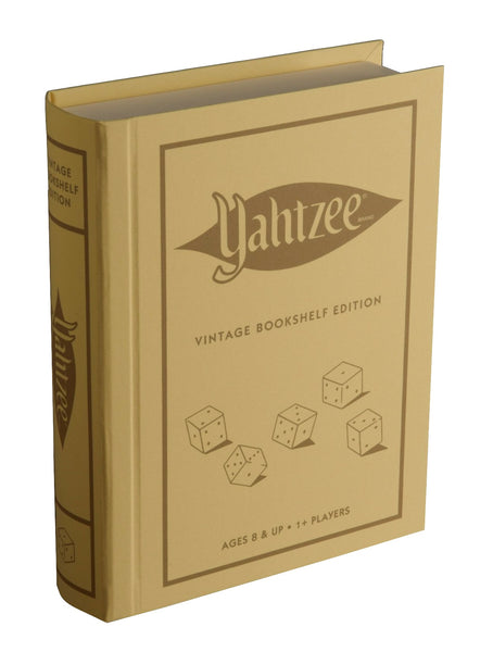 The Yahtzee Vintage Bookshelf Edition by WS Game Company is designed to resemble a book with vintage-inspired graphics and dice illustrations on the cover. It includes poker-style YAHTZEE chips, and the text indicates "Ages 8 & up | 1+ players.