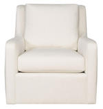 Front view of the Vanguard Josie Swivel Chair, an off-white upholstered armchair with a boxy silhouette and plush seat and back cushions, blending modern versatility with classic style.