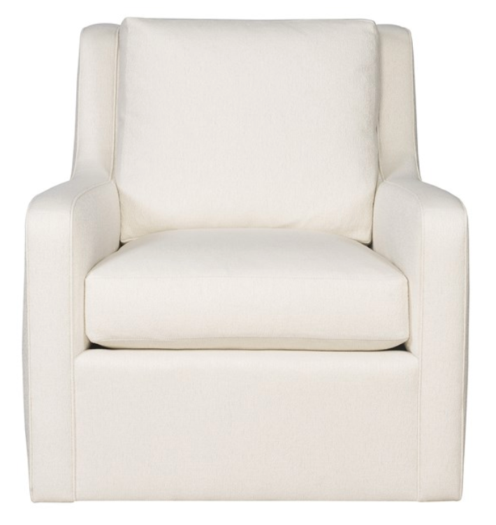 Front view of the Vanguard Josie Swivel Chair, an off-white upholstered armchair with a boxy silhouette and plush seat and back cushions, blending modern versatility with classic style.