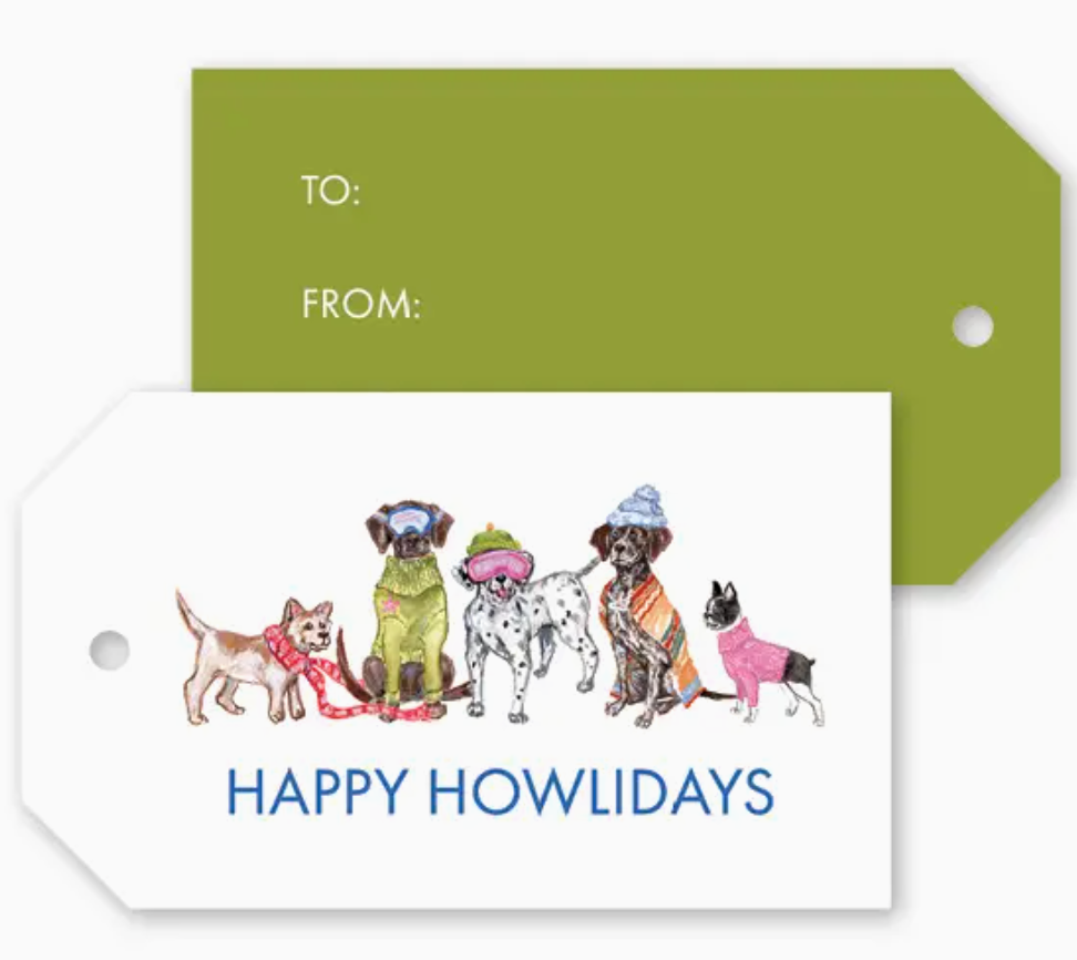 A Ski Dogs Howliday Gift Tag Set featuring two 2.375 x 4 inch tags: one solid green with “TO:” and “FROM:” fields, and one white with five illustrated dogs in winter gear and “HAPPY HOWLIDAYS” text.