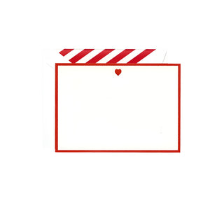 Crane’s Heart Flat Card Set features pearl white correspondence cards with a red border and an engraved heart motif, paired with white envelopes decorated with red diagonal stripes.