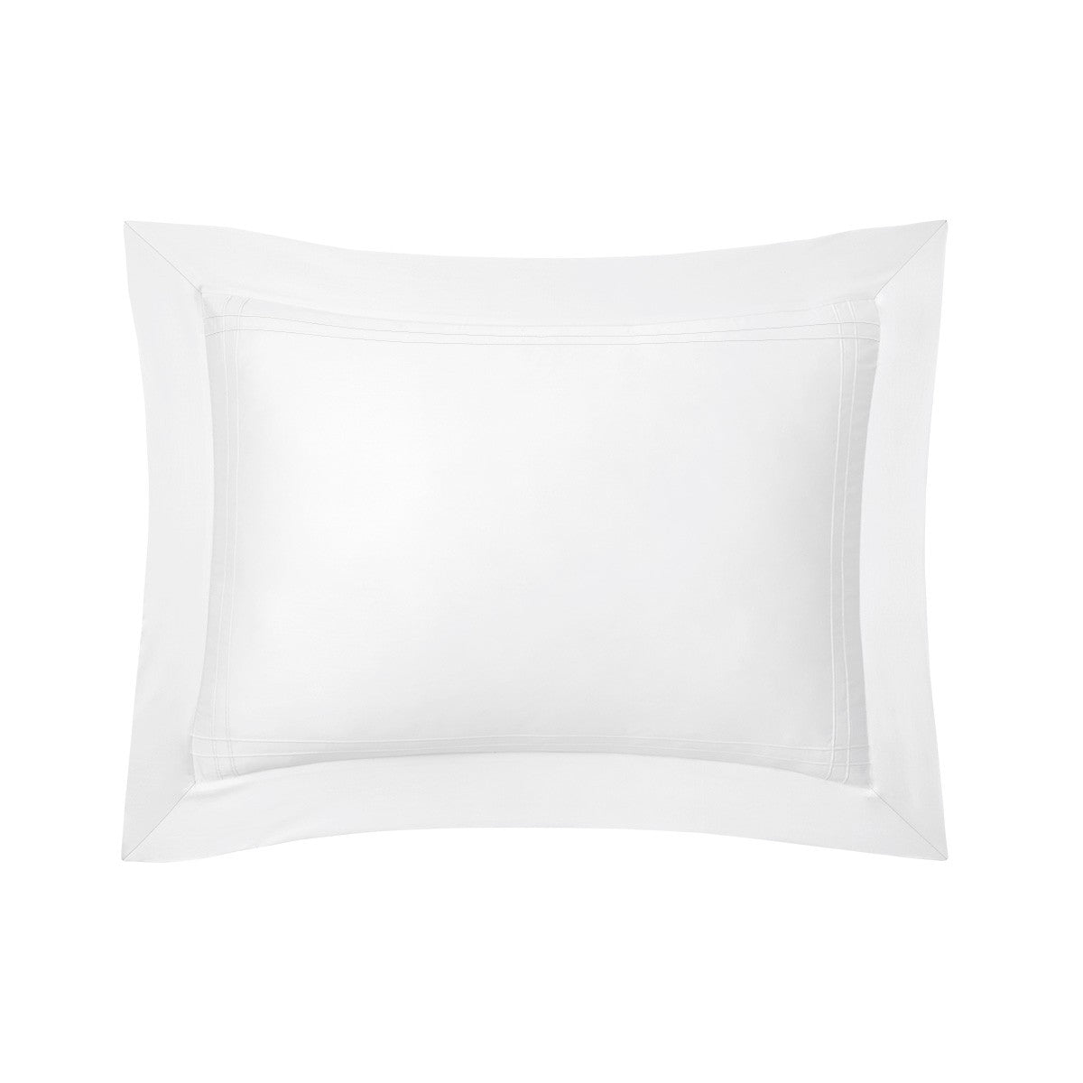 The Adagio Blanc Bedding Collection by Yves Delorme features a white rectangular pillow with a wide, stitched border, crafted from 500 thread count cotton sateen and adorned with quilted etoile embroidery, shown on a plain white background.