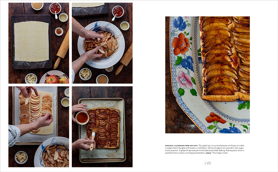 Step-by-step process of assembling and baking an apple tart, inspired by *A Year at Clove Brook Farm* from Common Ground—featuring a close-up of the finished tart on a decorative plate, perfect for serving at your next country retreat inspired by Christopher Spitzmiller.