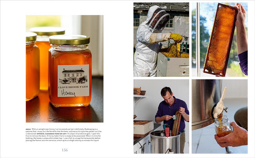 Four images from A Year at Clove Brook Farm by Common Ground capture honey production: labeled jars, a beekeeper inspecting hives, honeycomb in hand, and honey being poured and jarred in the kitchen—a true taste of country retreat crafted by Christopher Spitzmiller.