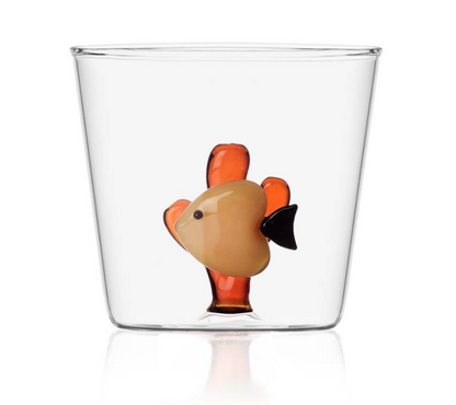 From Ichendorf Milano's Marine Garden Drinkware Collection, this clear glass tumbler features a decorative orange coral and a handmade beige glass fish attached inside.
