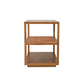 The Orca Side Table by Julian Chichester is a wooden, three-tier piece in African Walnut with an open design, featuring two antiqued rattan shelves and a solid base, shown against a white background.