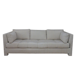 The Highland House Barrett Sofa in Ticking Stripe Dove features a modern light gray upholstery with three seat cushions, three back cushions, straight arms, and two cylindrical side pillows, bringing effortless coastal charm to any space. Subtle ticking stripe accents enhance its timeless appeal.