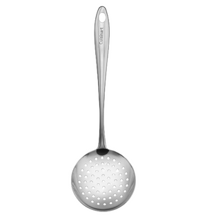 The Cuisinart Stainless Steel Skimmer features a long handle and round perforated bowl for easy draining; dishwasher safe and ideal for all your cooking needs.