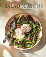 A plate featuring green snap peas, sliced onions, and two cheese balls is accompanied by a fork and spoon. The book cover displays “Salad Seasons” by Sheela Prakash, published by Rizzoli—a colorful cookbook offering a variety of tasty vegetable salad recipes for every season.