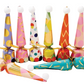 Seven colorful paper party hats and three patterned party blowers from the Caspari Party Hats Celebration Cracker Set, attractively arranged on a white background—ideal as holiday party favors or paired with other festive Caspari accessories for your next celebration.
