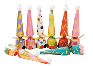 Seven colorful paper party hats and three patterned party blowers from the Caspari Party Hats Celebration Cracker Set, attractively arranged on a white background—ideal as holiday party favors or paired with other festive Caspari accessories for your next celebration.