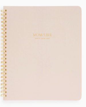 The Sugar Paper Mom/Life Spiral Notebook features a light pink spiral-bound design with gold "MOM/LIFE DAILY TASK LIST" text on the cover—perfect for organized moms to keep daily to-dos in check.
