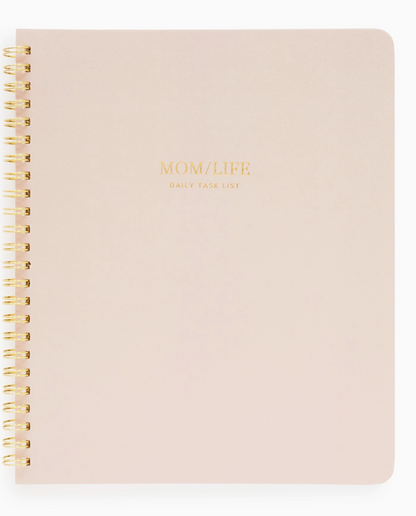 The Sugar Paper Mom/Life Spiral Notebook features a light pink spiral-bound design with gold "MOM/LIFE DAILY TASK LIST" text on the cover—perfect for organized moms to keep daily to-dos in check.