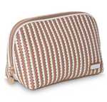 A rectangular makeup bag from the Stephanie Johnson Marbella Mocha Travel Collection, featuring a zippered closure, a brown and white textured pattern, and a small gold logo tag in the bottom right corner.