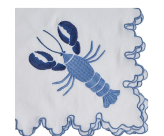 The Blue Lobster Napkin Set by Haute Home includes four white linen napkins, each adorned with a blue embroidered lobster and elegant scalloped edges.