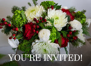 A festive mix of red, white, and green blooms with greenery and berries invites you to the Holiday Floral Workshop with Sarah Benitz by Hive Floral Studio, with "YOU’RE INVITED!" boldly displayed at the bottom.