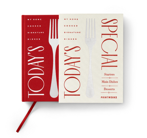 Two hardcover PrintWorks cookbooks, "Today's Special Recipe Book," feature fork cover illustrations; one is red and the other is white.