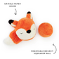 The Foggy Dog Fox 2-in-1 Bounce Dog Toy is a plush orange fox designed for engaging playtime, featuring crinkle paper in the head and tail. Shown beside its separate, removable bouncy ball squeaker, the text highlights both the crinkle paper inside the fox toy and the detachable bouncy squeaker ball for added interactive fun.