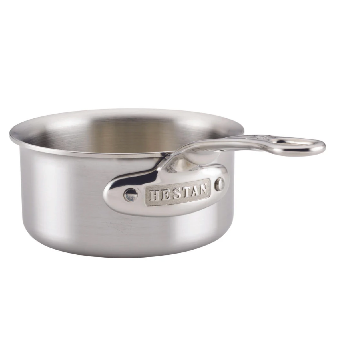 The Thomas Keller Commercial Clad Stainless Steel Butter Warmer by Hestan features a sturdy handle and metal brand plate—an ideal pick for anyone seeking environmentally conscious cookware.