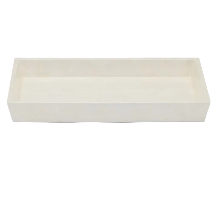 Rectangular cream-colored Navagio Bath Collection bathroom vanity tray crafted from spiraled burl resin.