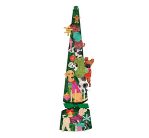 The Caspari Dogs Decorating Tree Pet Christmas Cracker is a 13-inch, cone-shaped tree featuring festive dog images, ornaments, a star topper, and includes a hidden pet toy for your furry friend.