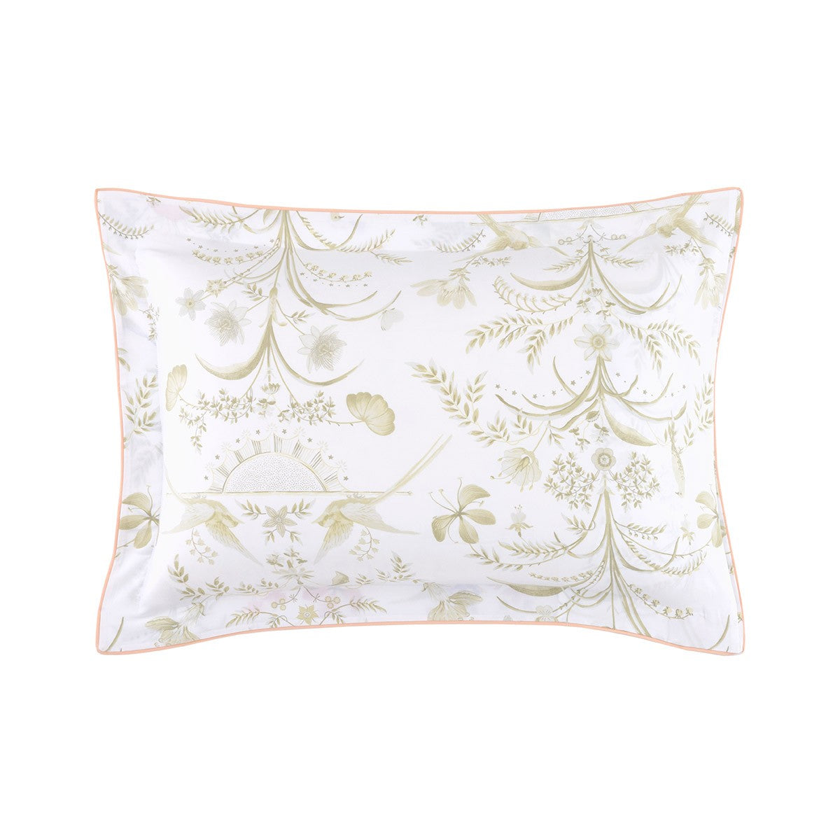 Yves Delorme Botanic Bedding Collection white organic cotton sateen pillow sham featuring a light green botanical print of birds, flowers, and a sun, finished with thin pink piping.