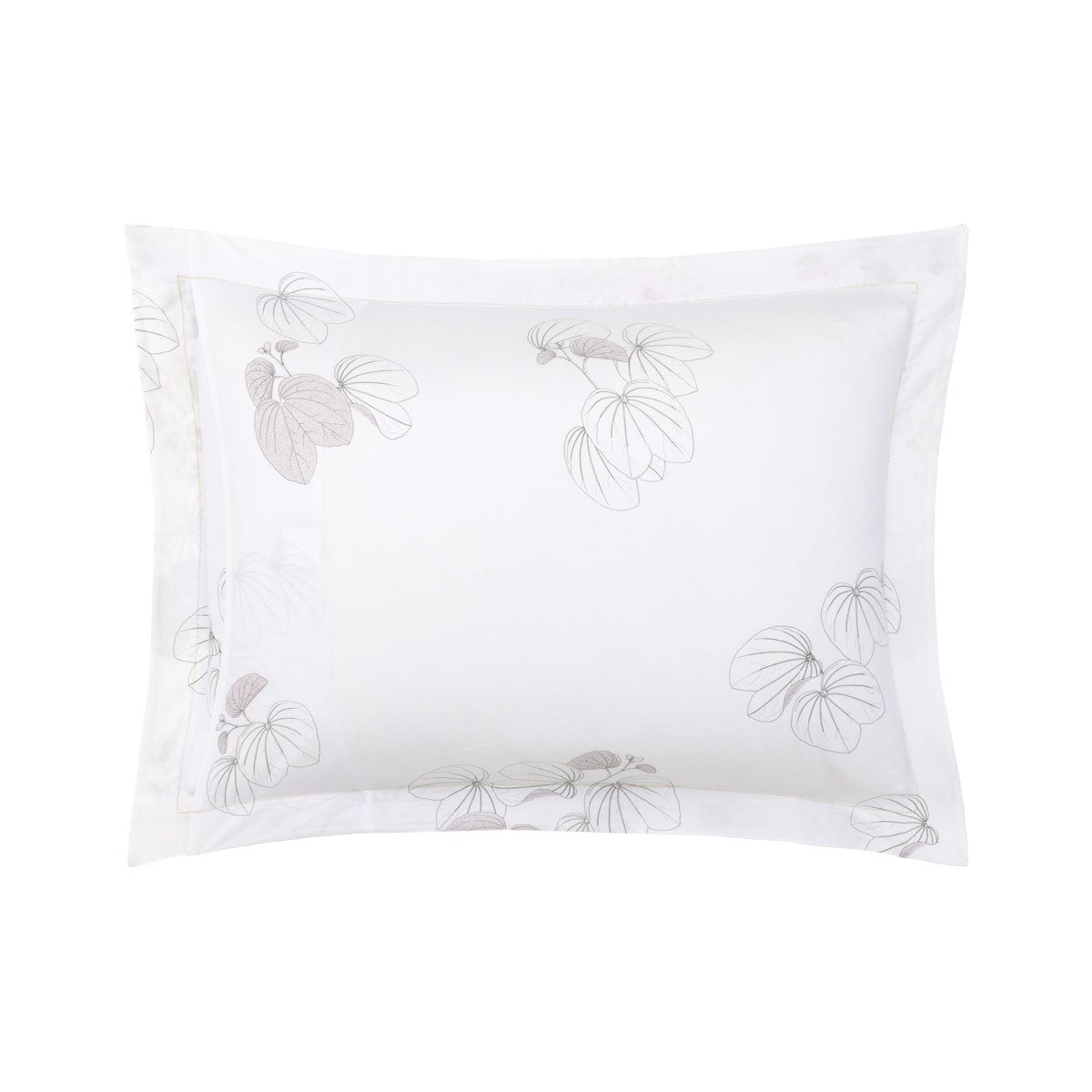 The Orchidee Bedding Collection pillowcase by Yves Delorme features a white rectangular design in organic cotton sateen, adorned with subtle gray and beige floral leaf patterns—a refined touch for any floral bedding ensemble.